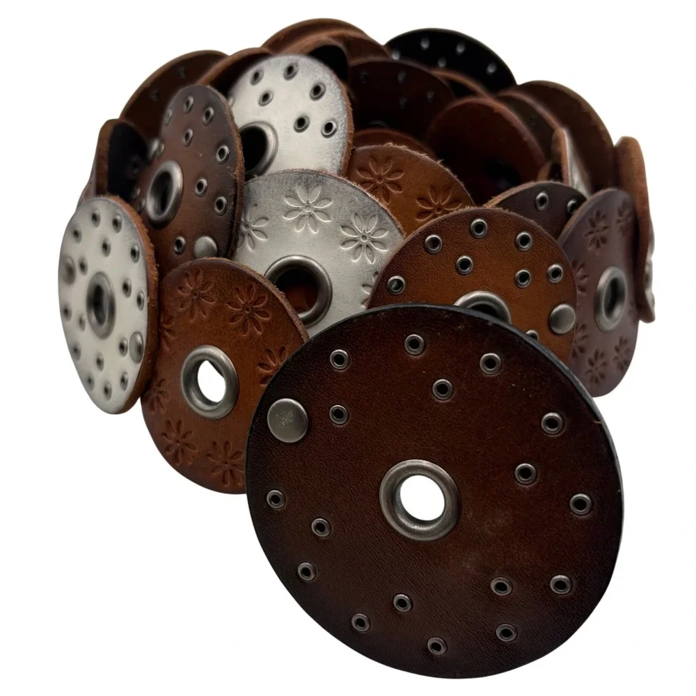Y2K Genuine Leather Disc Belt Womens M Brown Silver Grommet Boho Studded Western